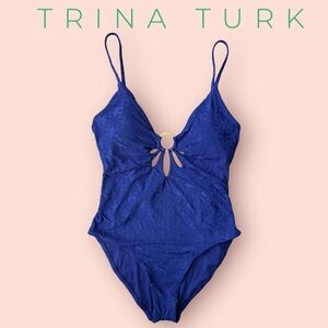 TRINA TURK JOPLIN JACQUARD PETAL CUTOUT PLUNGE ONE PIECE SWIMSUIT blue